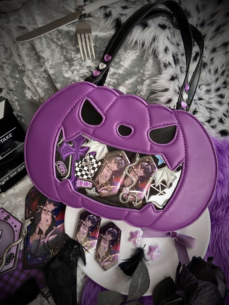 Halloween Purple Pumpkin Ita Tote Bag Lace-up on Both Sides Bowknot