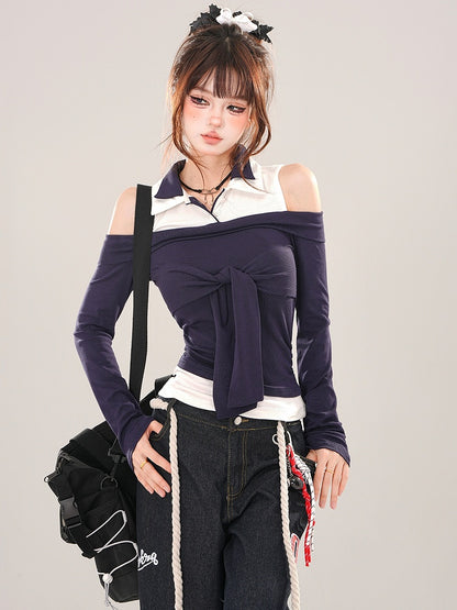Navy Blue Tie Accent Cutout Shoulder Patchwork Top