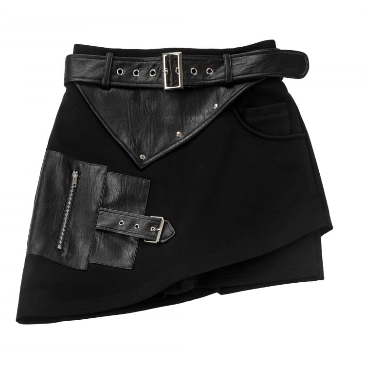 Black Gothic Asymmetrical Skirt with Waist Belt