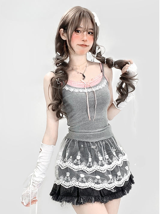 Grey Double-layered Lace Cami Top+Pink Padded Cups Cami Top Set