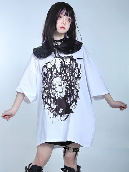 White Jirai Kei Girl T-shirt Cartoon Print Oversized