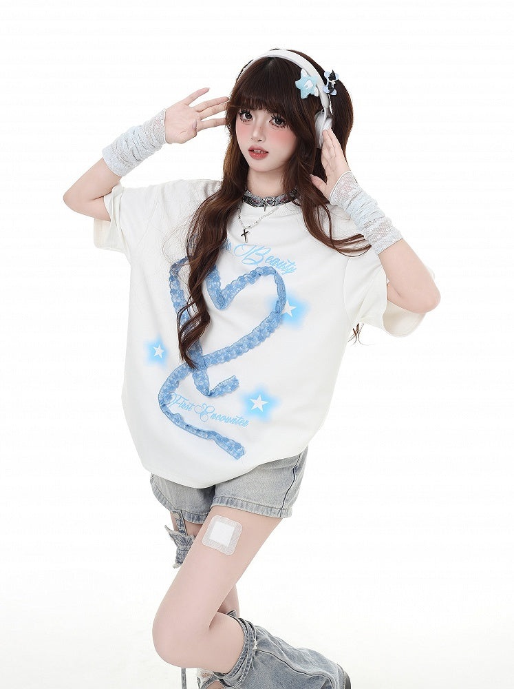 Design Armwear Free Heart-shaped Lace White/Light Blue T-Shirt with