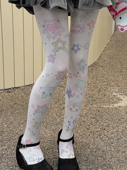 White Sweet Star Print Tights