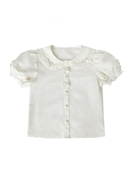 Süße Lolita-Bluse mit weißen Puffärmeln und Herzknöpfen