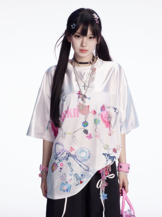 White Round Neck Cartoon Print Loose T-Shirt