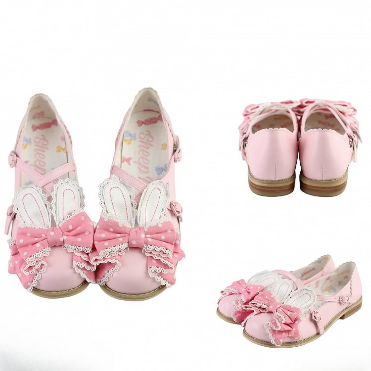 Muster Bunny Polka-dot Lolita an Ohr Schuhe Crisscross Bow Pink Top Design