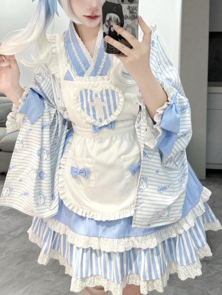 Blue Striped Little Ghost Print Top + Tiered Skirt + Apron Wa Lolita Set