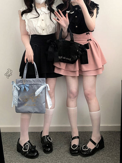 Ärmel Bow Kei und Flatter mit Krawatte Jirai Herzförmige Trim Bluse Schwarz/Weiß Flügelspitze