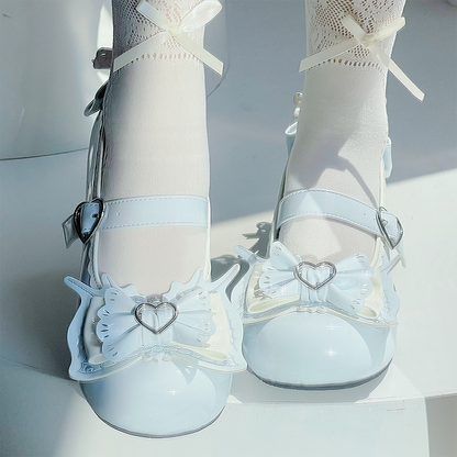 Sweet Lolita Light Blue Bowknot Heart Buckle Strap Block Heel Mary Janes