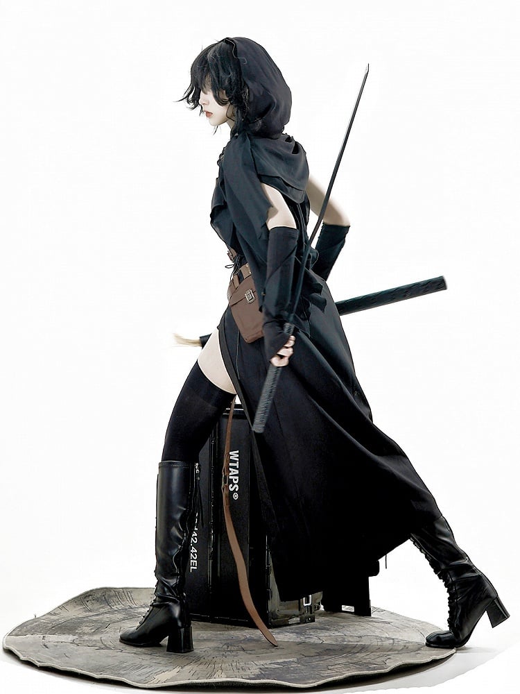 Shawl Gray Dress Sleeves Thigh-high Sleeveless Belt Slit Black Shorts + and Hood