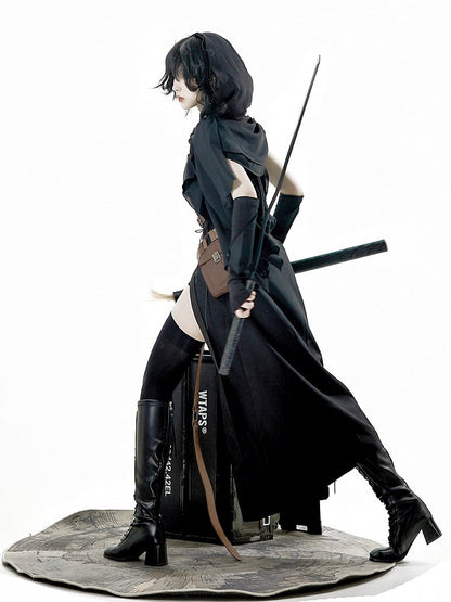 Shawl Gray Dress Sleeves Thigh-high Sleeveless Belt Slit Black Shorts + and Hood