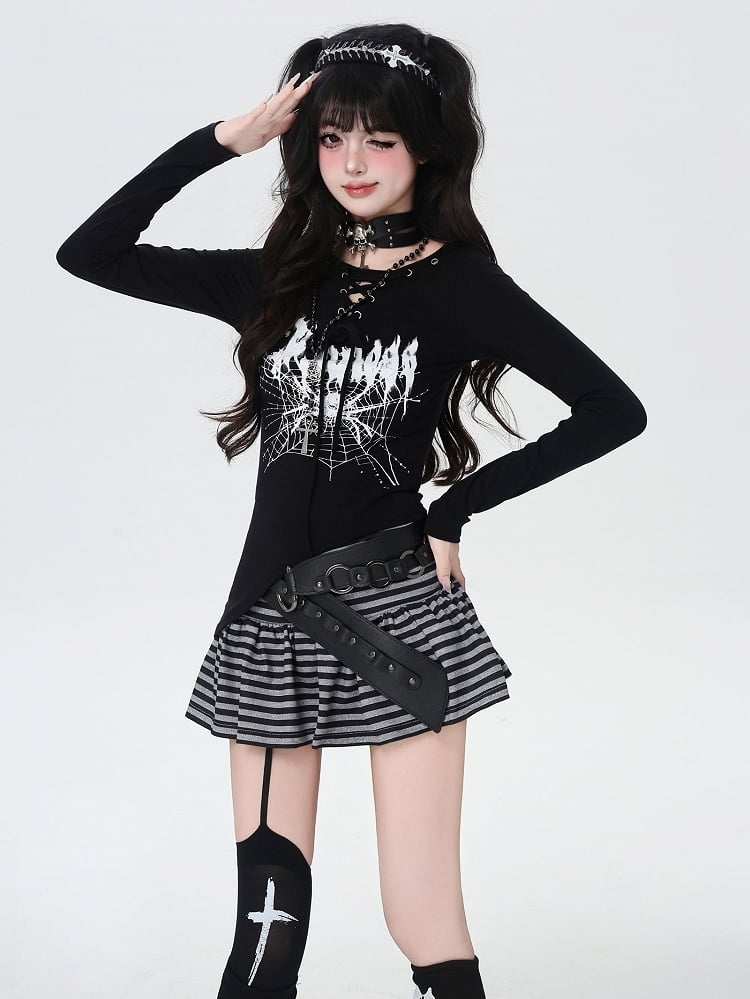 Spider Web Print Lace-up Neckline Asymmetrical Hem Black Top