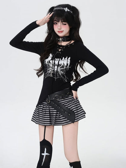 Spider Web Print Lace-up Neckline Asymmetrical Hem Black Top