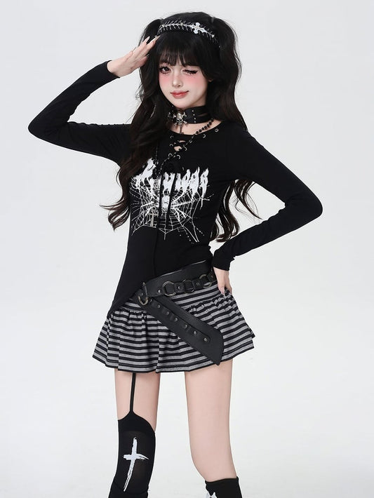 Spider Web Print Lace-up Neckline Asymmetrical Hem Black Top