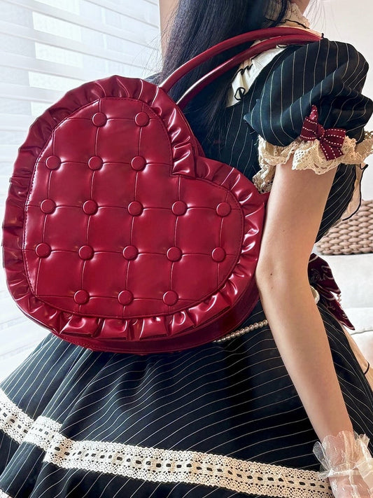 Red Ruffle with Trim Heart Lolita Bag Quilted PU