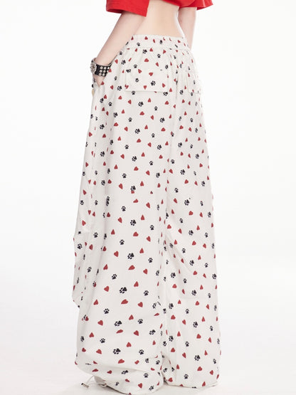 with Charm White Allover Paw Print Drawstring Cuffs Wide-Leg Pants Free
