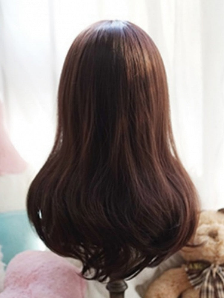 Dark Brown Long Wavy Wig With Full Bangs