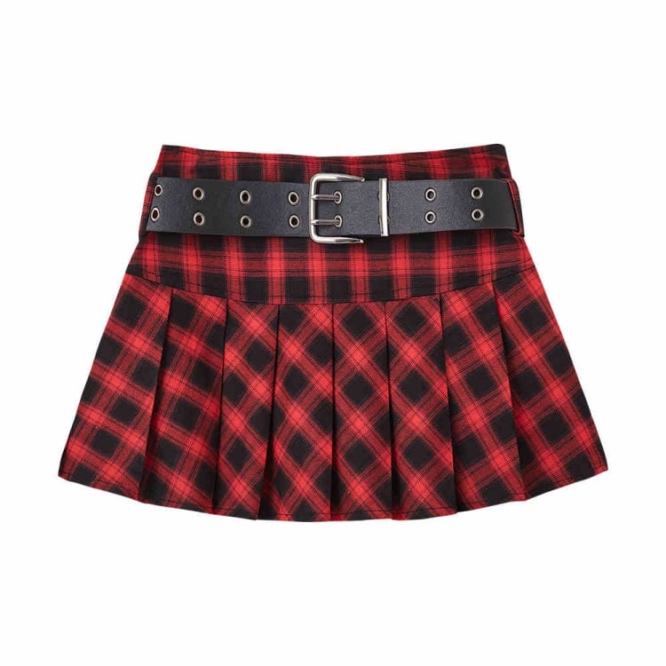 Punk Rock Red and Black Plaid Pleated Skirt