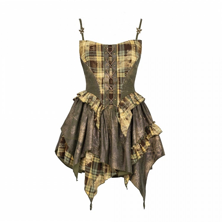 Robe camisole à carreaux verts avec ourlet mouchoir et détails lacés sur le devant