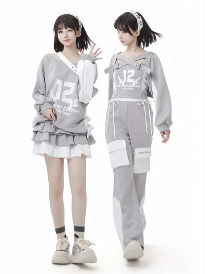 Design Colorblock Gray White Asymmetrical Neckline Cutout Shoulder Spring Sweatshirt