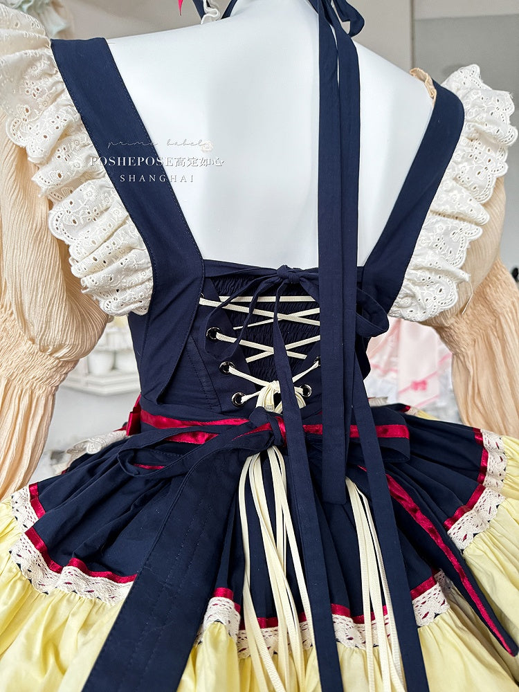Dark Blue and Red Snow White Sweet Maid Apron + Basque Waist Strapless Tiered Ruffle Puffy Dress
