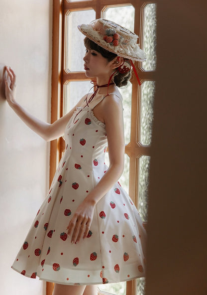 and White JSK Sweet Dress Polka Dots Summer Lolita Strawberry Sun Print