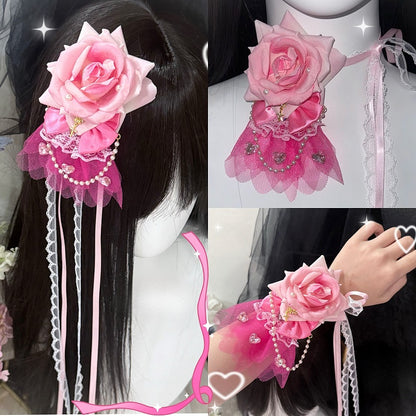 Charm Floral Pink Hairclip/Choker/Bracelet Beaded
