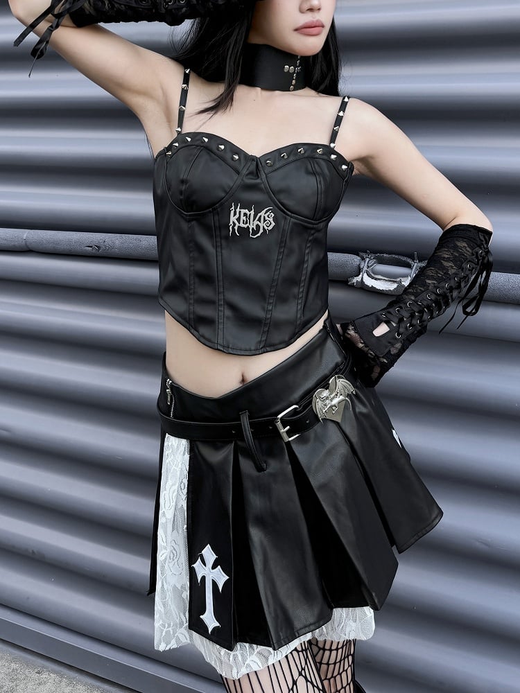 Punk Rock Black Cross Appliques PU Patchwork Box Pleat Skirt