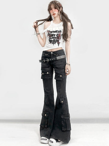 Silhouette Jeans With Multiple Pocket Accents Waist Flare Kawaii Black Glamorous Bittersweet Low