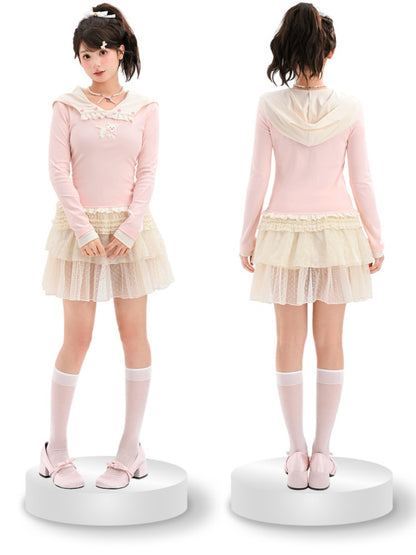 Pink Plush Puppy Pattern Ruffled Lace Trim Slim-fitting Top