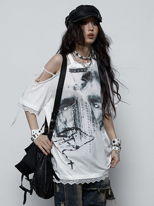 Lace-Trimmed Shoulder with Print Black Denim Lace-Up T-shirt Punk Detail White