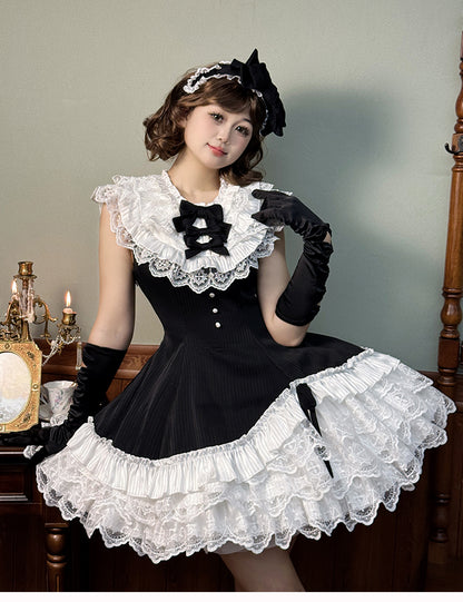 Black Striped Fabric Slim Fit Waist Lolita Sleeveless Dress with White Layered Ruffle Neck and Hem