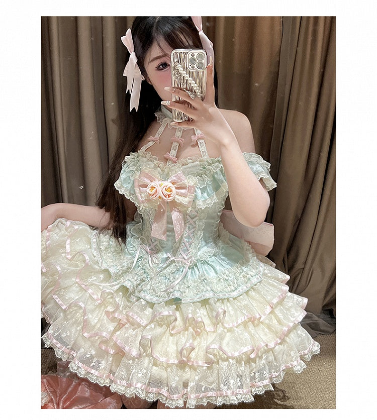 Tiered Skirt Halter Kei Fairy Ruffles Neck Corset Lace Princess Dress Waist Mint Green