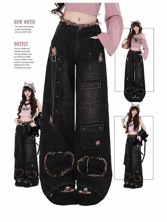 Black Distressed Holes Y2K Wide-leg Cut Jeans