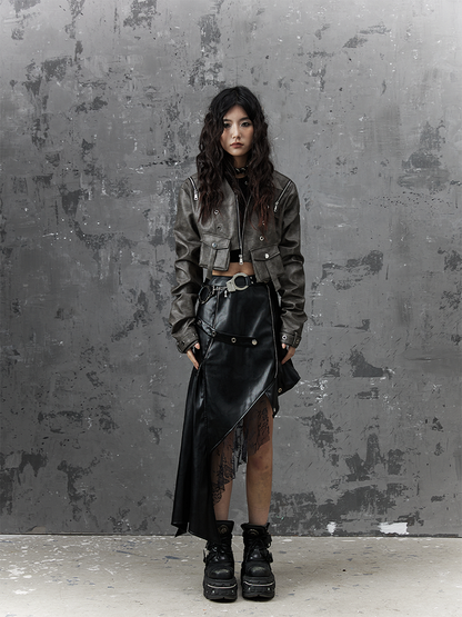 Asymmetrical Black Punk PU Skirt With Studded Belt  Lace Accents