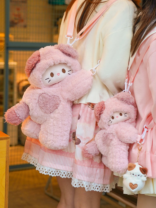 ピンクのかわいい猫型ぬいぐるみバックパック S/M/Lサイズ