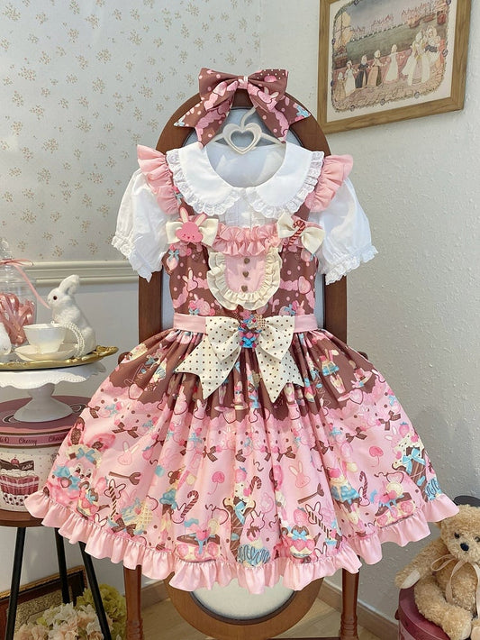 and Waist Pink Sweet High Print Lolita Bunny Dress Dessert