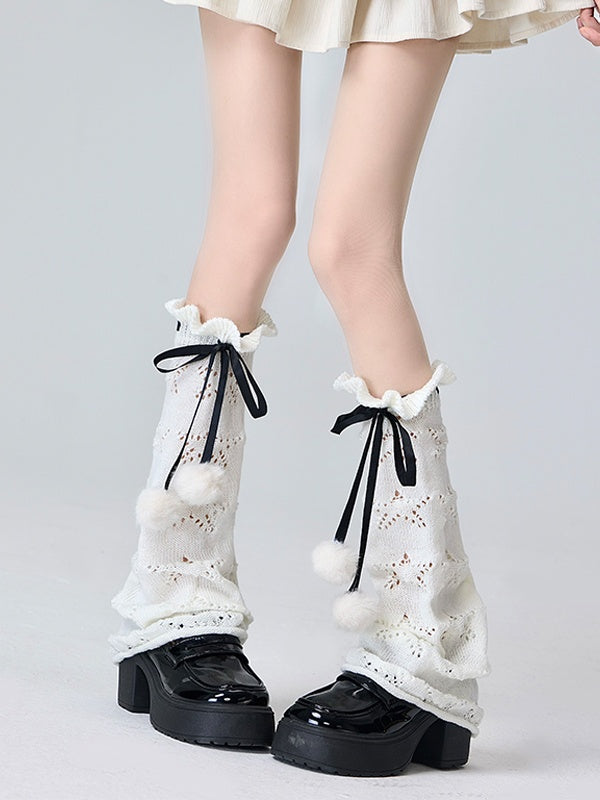 White/Black Lolita Ribbon Bowknot Ruffled Cuff Leg Warmers With Pompons