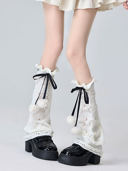 White/Black Lolita Ribbon Bowknot Ruffled Cuff Leg Warmers With Pompons