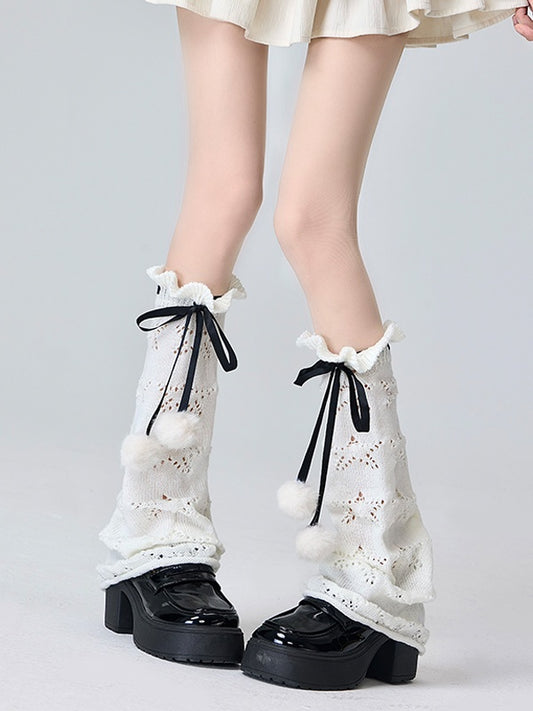 White/Black Lolita Ribbon Bowknot Ruffled Cuff Leg Warmers With Pompons