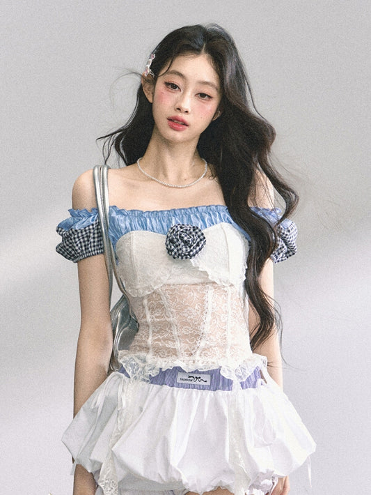 Cascading Waist Top Ruffles Off-the-Shoulder Neckline Lace Patches Blue