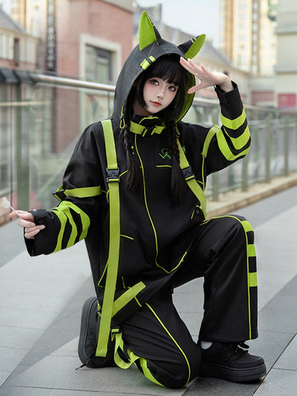 Black and Chartreuse Futuristic Cyber Fashion Techwear Outfit - Windbreaker Baggy Jacket + Shorts/Pants + Leg Warmers Full Set