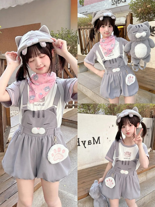 Shorts Bubble Overalls Adorable Kitty Pattern Gray