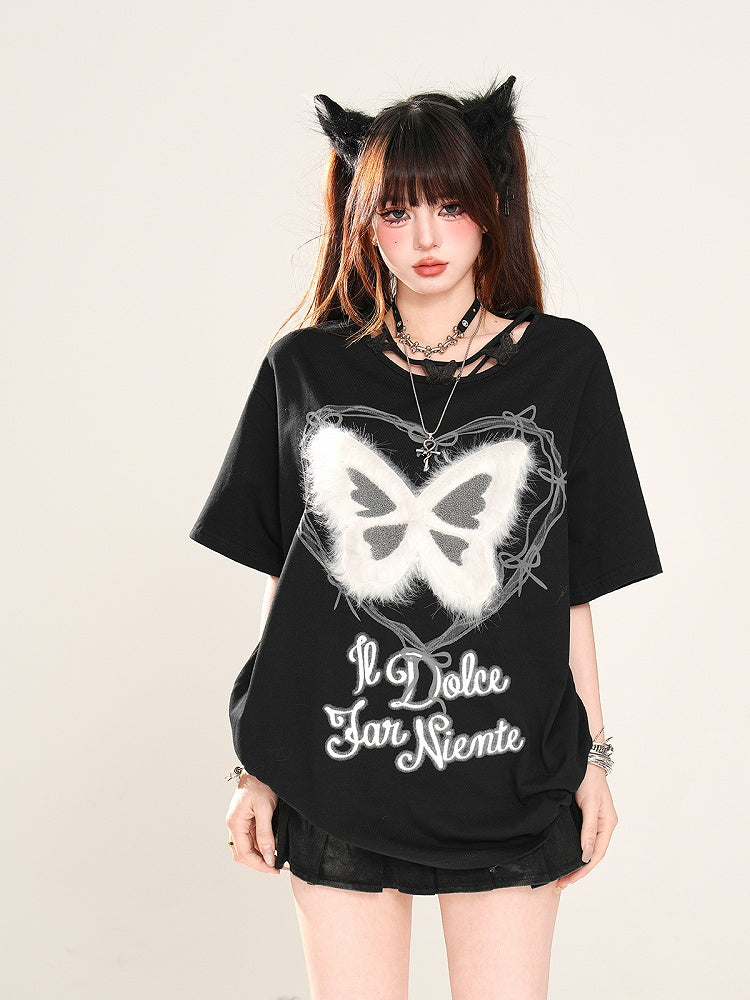 Butterfly Design Neckline Plush Butterfly Pink/Black Graphic T-shirt