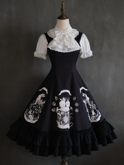 Dark Waist Dress Gothic Bunny Fit Slim Lolita Black Print