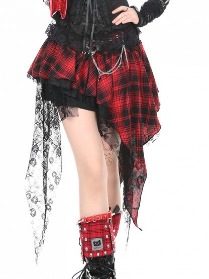 Gothic Asymmetrical Red Plaid Tiered Skirt with Cascading Lace Ruffle Trim and Chain Accents