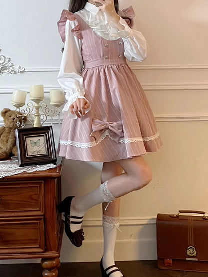 Pink Sweet Bowknot Lace Scoop Neckline Above Knee Striped Dress