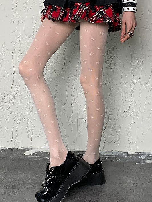 White Y2K Bowknot Print Tights