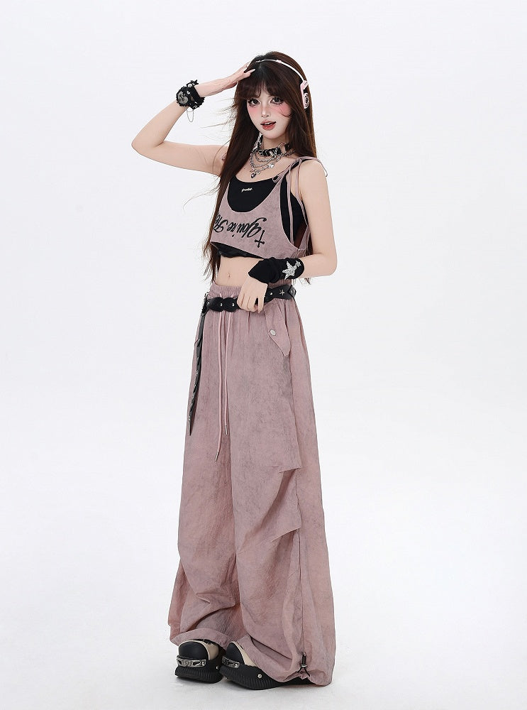 Accessory Punk Pants with Asymmetrical Dusty Pink Drawstring Waist Wasteland Waist