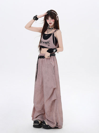 Accessory Punk Pants with Asymmetrical Dusty Pink Drawstring Waist Wasteland Waist